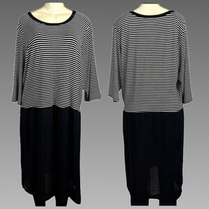 Cha Cha Vente +2X Long Tunic Top Black White Striped Crew Mixed Media 3/4 Sleeve